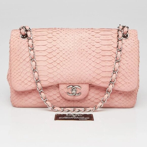 Chanel Pink Matte Python Classic Jumbo Double Flap Bag - Picture 2 of 10